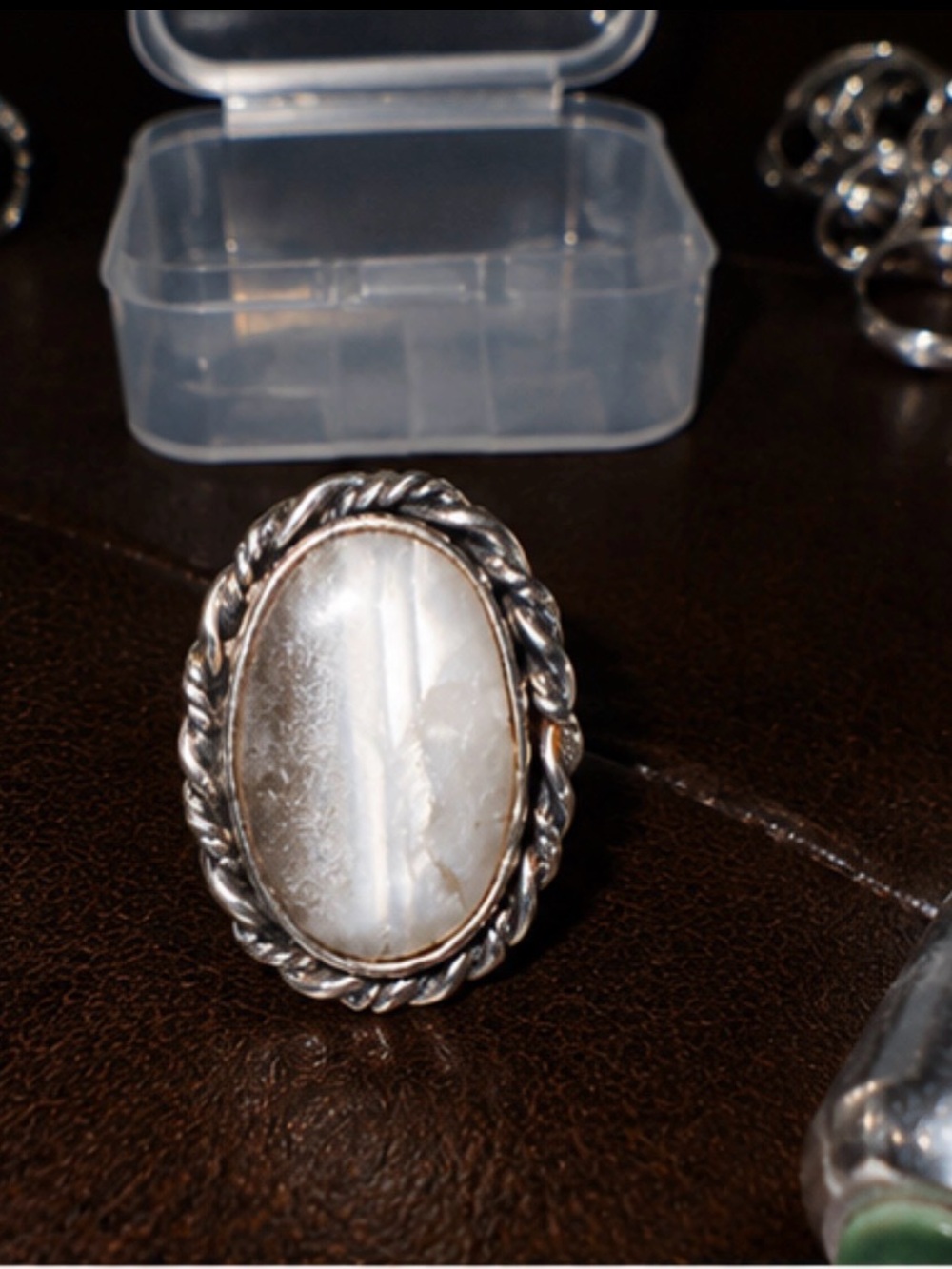 925 sterling Silver-Tone White Stone Oval Cocktail Ring